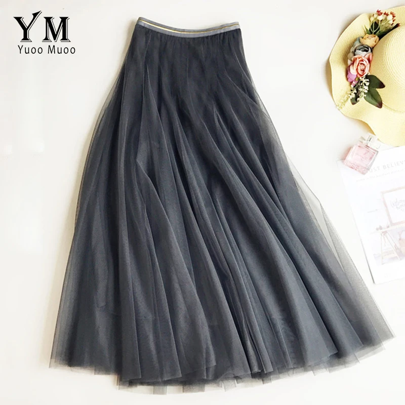 

YuooMuoo Long Tulle Skirt Women 2019 Summer High Quality Soft Korean Elegant High Waist Pleated Skirt Female Black Mesh Skirt