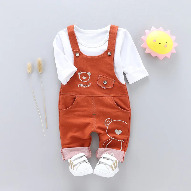 Kids 2019 New Spring Autumn Clothing Set Fashion Cotton Long Sleeve T-shirt+denim Bib Pants Infant Outfits For Toddler |