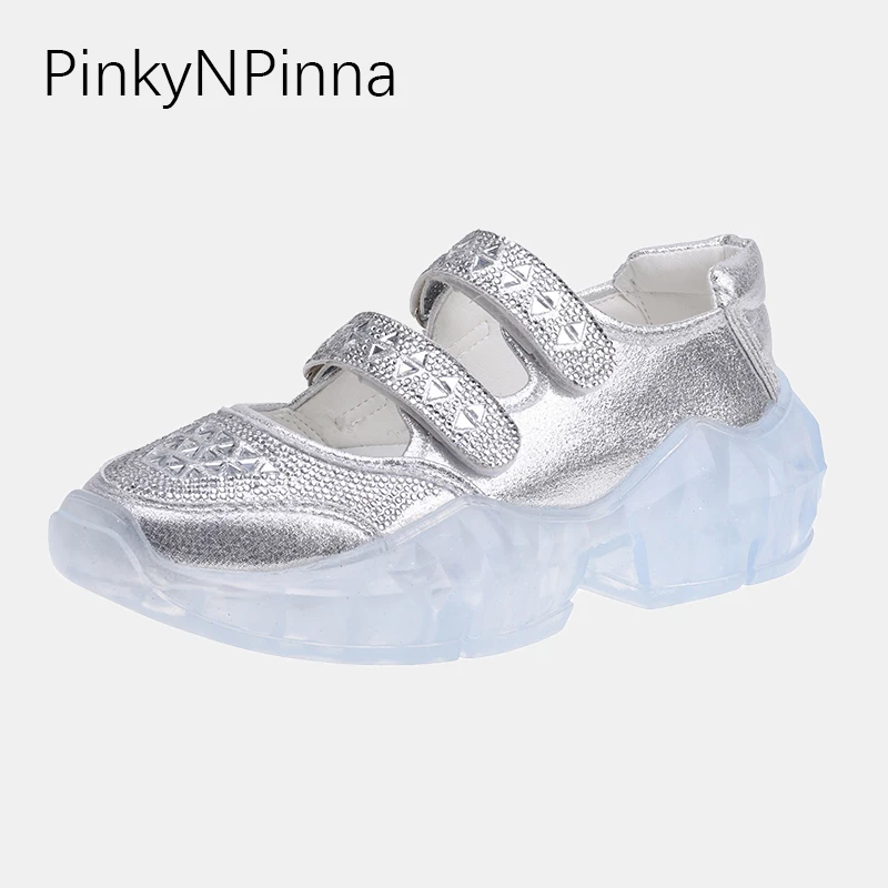 

2019 designer translucent platform sandals female sequined cloth hook loop bling shallow crystal luxurious casual shoes woman