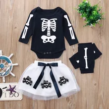 Комплект одежды для детей, комбинезон с длинными рукавами и круглым вырезом, юбка с изображением черепа, леггинсы, комплект одежды на Хэллоуин, одежда для маленьких девочек