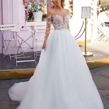 Великолепный белый свадебное платье Лодка шеи одежда с длинным рукавом Часовня Поезд Бисер кружевные свадебные платья Robe de mariage