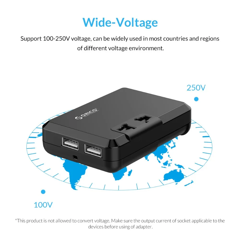 ORICO, 2 usb порта, зарядное устройство, универсальная дорожная электрическая вилка, AU, US, UK, EU, AC вилка, адаптеры питания, конвертер, черная настенная розетка