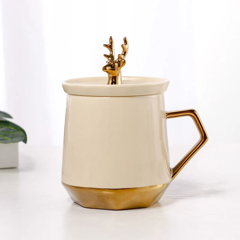 Новая золотая кружка с крышкой, оригинальные чашки для подарка на праздник кружка геометрические керамические кружки офисная Кружка 400 мл