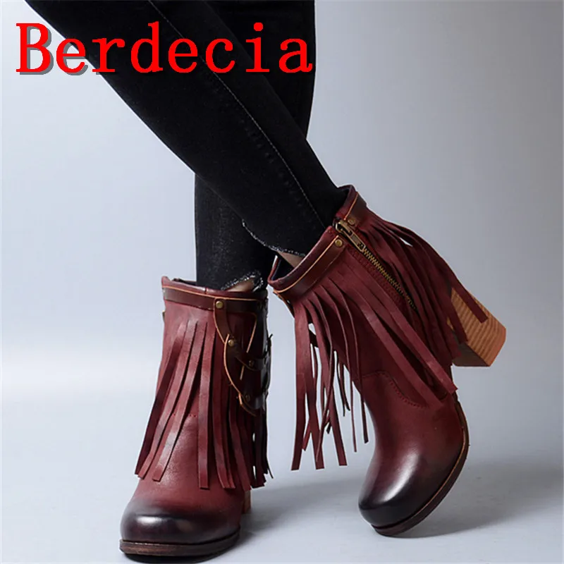 

Berdecia High Quality Genuine Leather Mixed Color Fringe Tight High Boots Fashion Winter Square Toe Zip Flatform Women Shoes