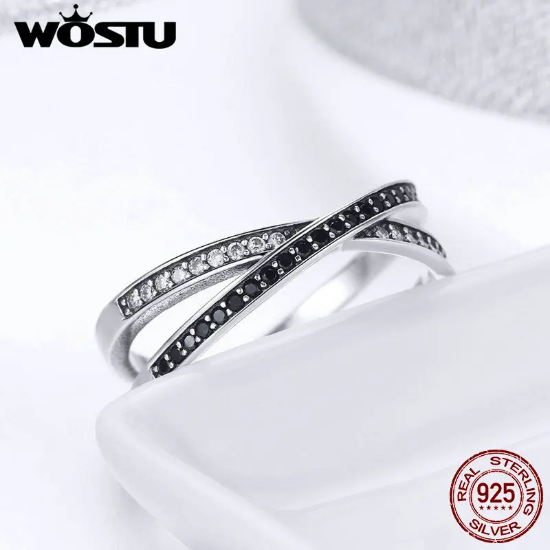 WOSTU,, 925 пробы, серебряное, черное, скрещенное кольцо на палец для женщин, серебряные кольца на годовщину, модное ювелирное изделие, подарок FIR439