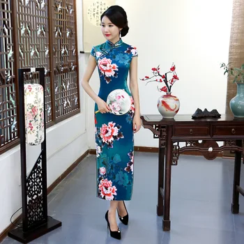 

2019 Long Cheongsam Vintage Chinese style Short Sleeve Dress Womens Summer Rayon Qipao Slim Party Dresses Lady Vestido
