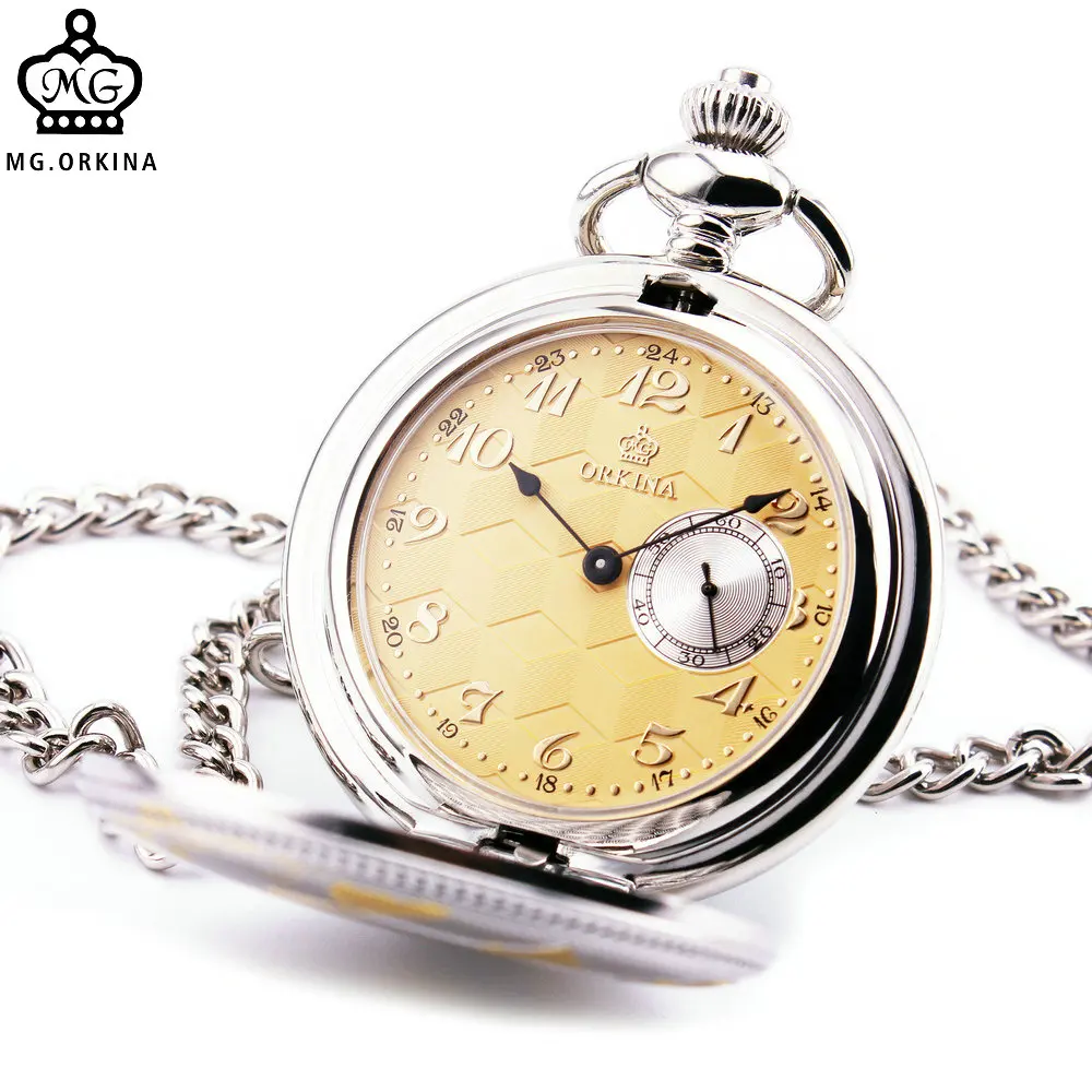 

ORKINA Brand Fashion Stylish Posh Men Women Pocket Watches Unique Design Yellow Pattern Lid Textured Dial Chronograph Sub-dial