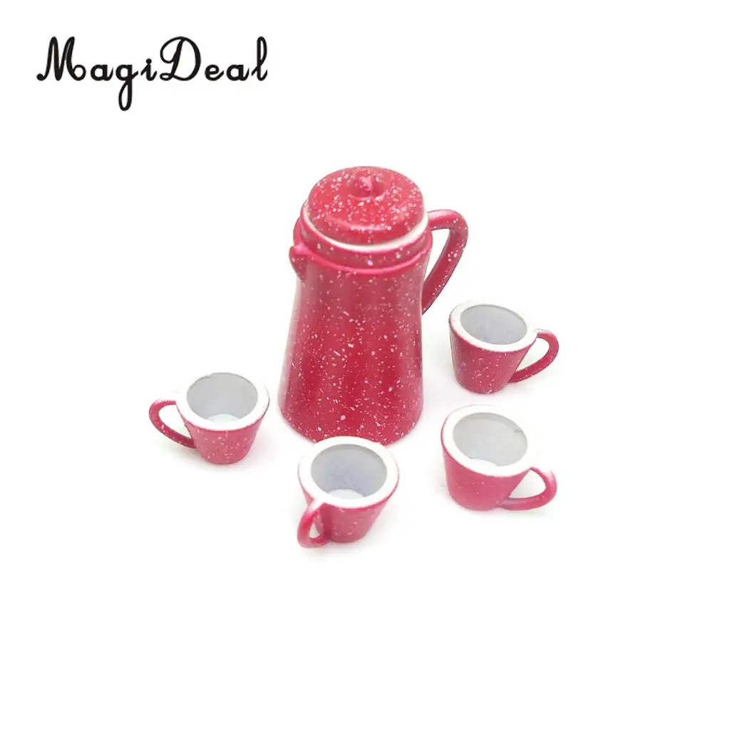 5Pcs/Set 1:12 Dollhouse Miniature Red Porcelain Pot Kettle Cups Coffee Tea Milk Set Restaurant Kitchen Tabel Decor Model Toy