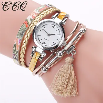 

CCQ Women Quartz Watches Top Brand Fashion Women Dress Feather Tassel Pendant Bracelet Wristwatches Multilayer Female Clock