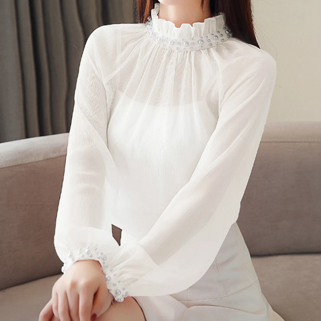 Women Long Sleeve Pearl Decor Blouse Summer Beading Ruffle Collar Mesh Shirt Tops Ladies See Through Chiffon Blouses Mujer Blusa |