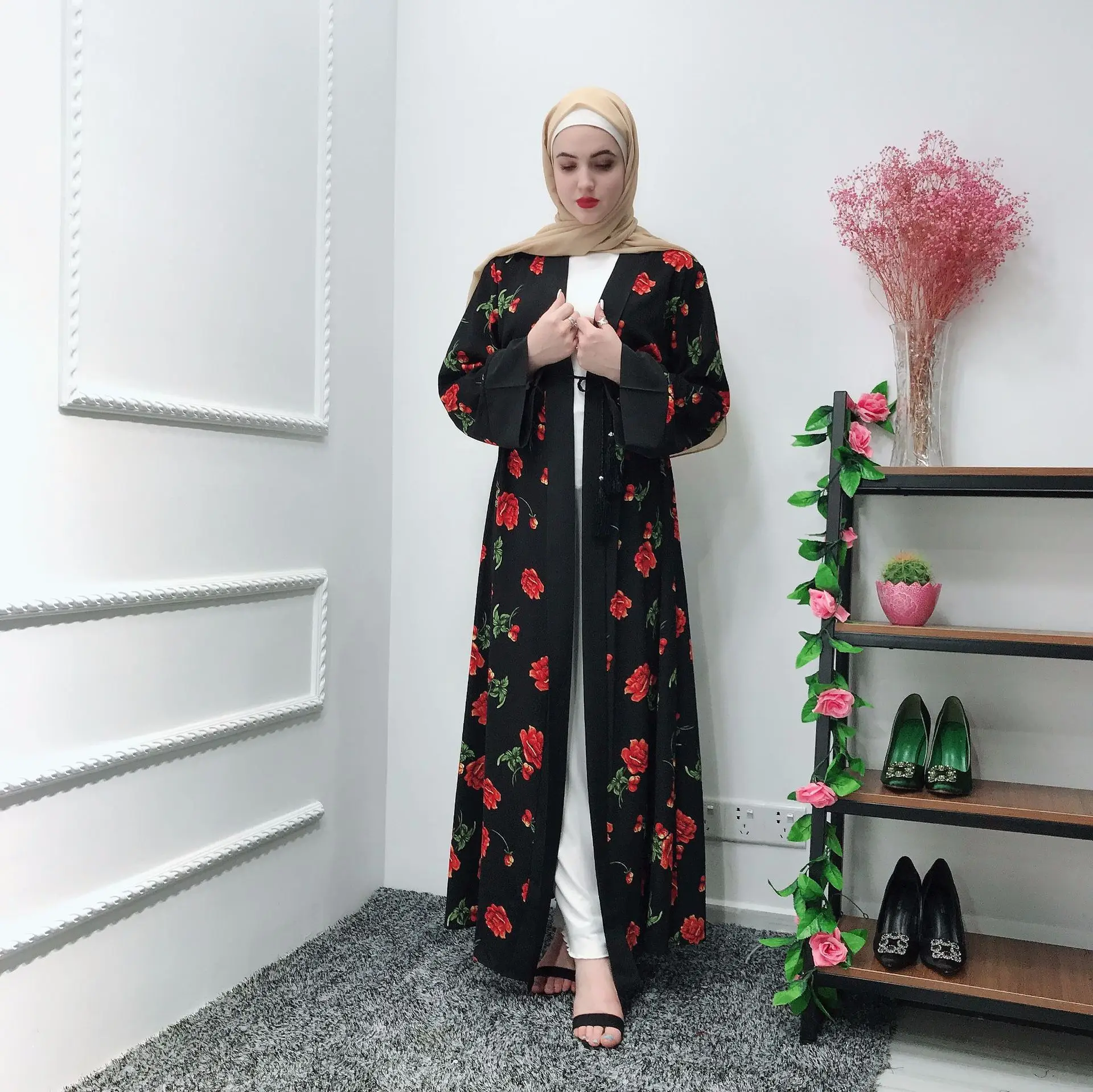 Модная мусульманская печать abaya полный платья кардиган-кимоно длинные халаты Туника Jubah Ближний Восток Рамадан Арабский исламский одежда