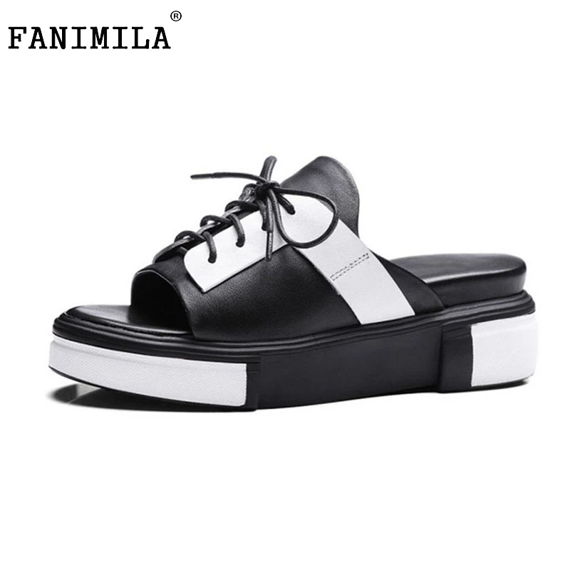 

FANIMILA Ladies Real Leather Mixed Color Lace Up Sandals Summer Open Toe Slippers Beach Wedges Sandals Woman Shoes Size 34-39