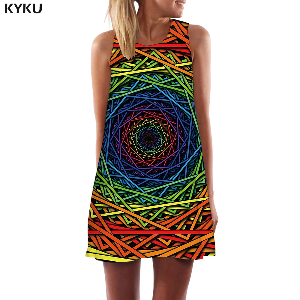 

KYKU Psychedelic Dress Women Colorful Party Dizziness Short Geometric 3d Print Black Hole Beach Womens Clothing Vintage New Wrap