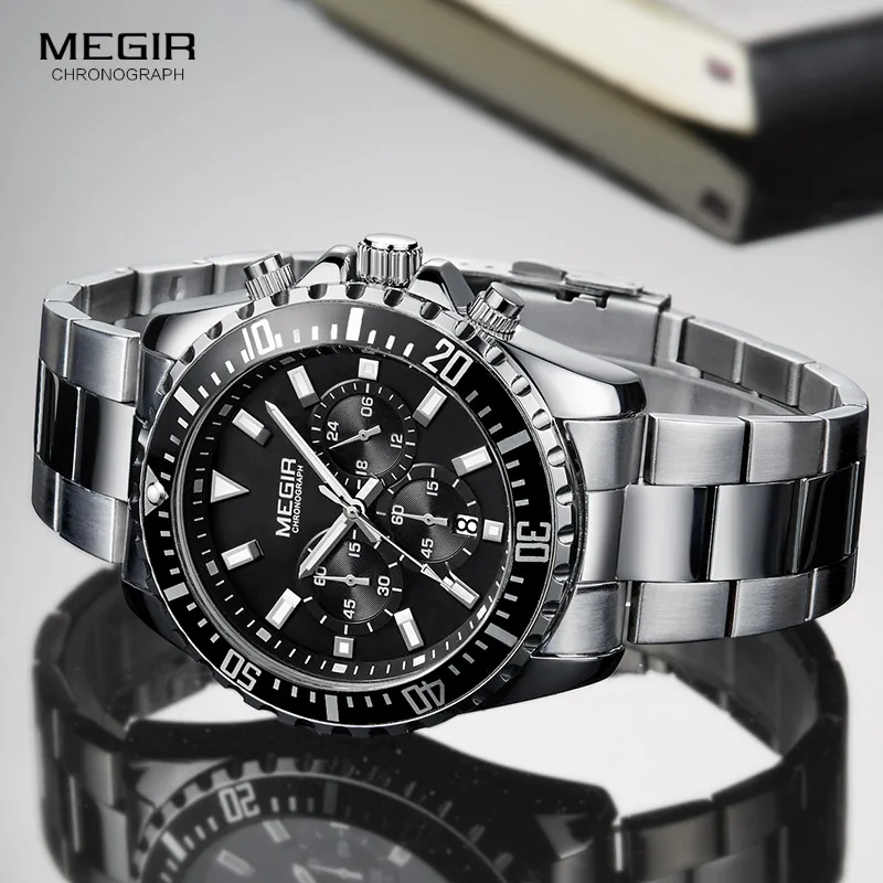 Ceny Megir człowieka analogowy zegarek chronograf kwarcowy ze stali nierdzewnej bransoletka zegarek luminescencyjny dla chłopców kalendarz 24 godzinny 2064G