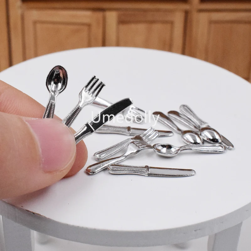 Dollhouse Miniature Spoon Knife Fork Set Pretend Play Kitchen Tableware Fit OB11 Accessories Toy 12pcs 1/12
