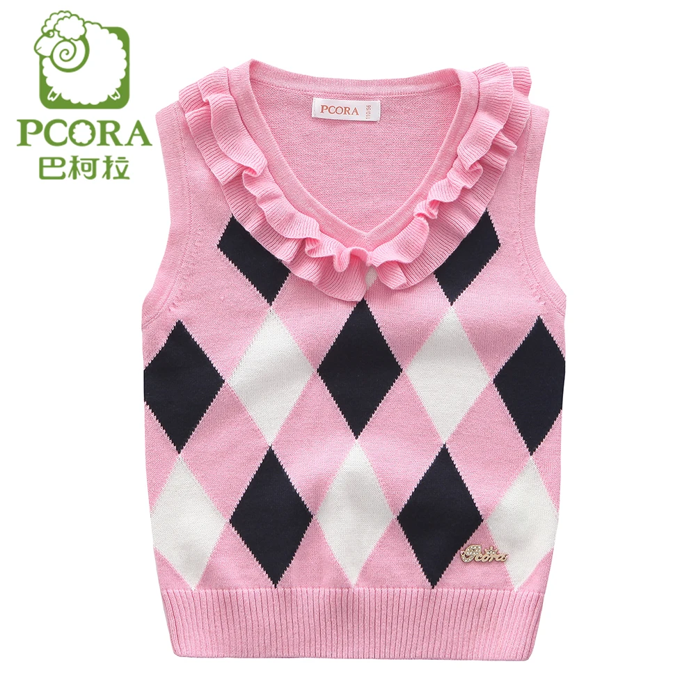 PCORA Knitted Vest Kids Pink Sleeveless Sweater Argyle 2017 Cotton Baby Girl Clothing Kid US