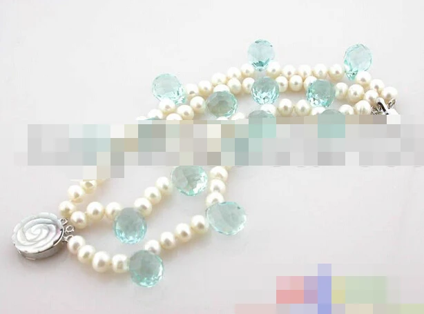 

01374 2row 8" white FW pearl blue drip crystal bracelet bangle shell Natural >>free shipping