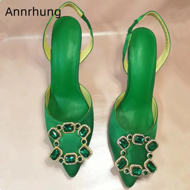 

Rhinestone Garnish High Heels Satin Sandals Women Pointed Toe Thin Heel Party Shoes Female Back Strap Jewelled Shoes De Mujer