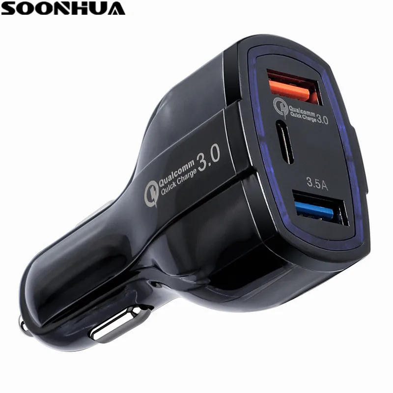 SOONHUA QC3.0 USB 3 Ports Car Charger Smart Auto Car Charger Adapter Dual USB+Type C Fast