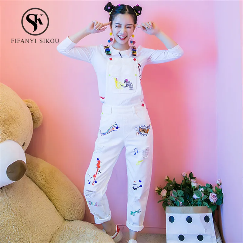 

Women Denim Overalls 2019 Spring New Denim jumpsuits Fashion Print Streetwear Jumpsuit Womens Long Jeans Straight Pants Rompers