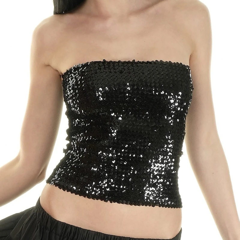 

Women Girls Sparkling Stretch Party Clubwear Costume Sequin Tube Top Tank Off Shoulder Cropped Strapless Bandeau Tube Top
