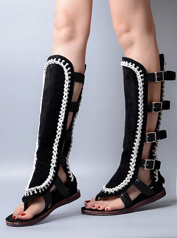 Prova Perfetto/женские сапоги до колена на толстой подошве с открытым носком; сандалии на плоской подошве; белые вязаные разноцветные кожанные сандалии из замши