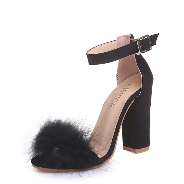 Summer fur Women Pump High Heels Shoes Women ladies Classics Platform Peep Toe Square heel Wedding dress Pump shoes mujer #836