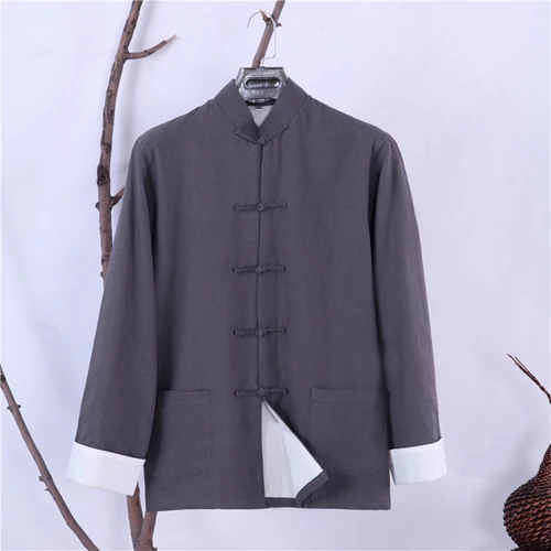 Мужская Осенняя Новая двухслойная однотонная куртка с длинными рукавами хлопок традиционное китайское пальто кунг-фу форма Тай Чи YZT082305 - Цвет: dark gray