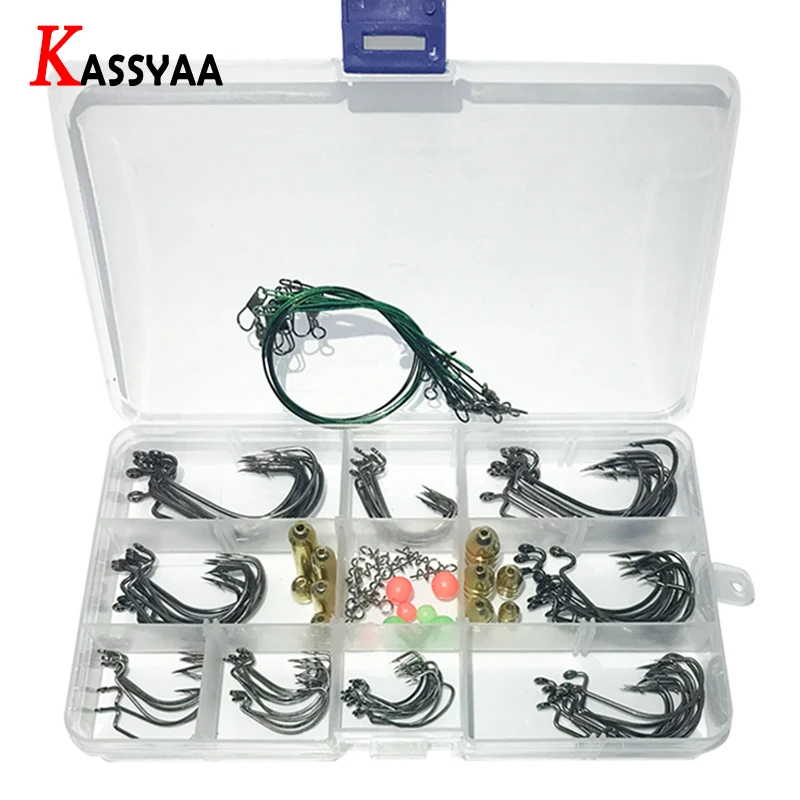 

Crank Barbed Fishing Hooks Kit with Box Texas Rig High Carbon Worm Lure Siliver Hook Set Fishing Beads Spring Pin Red Black Hook