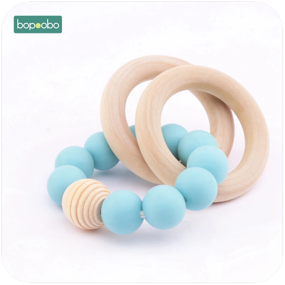 

Bopoobo Baby Rattle Silicone Beads Blue Bangles Teething Wooden Beads Eco-friendly And Non-toxic BPA Free Brecelets Baby Teether