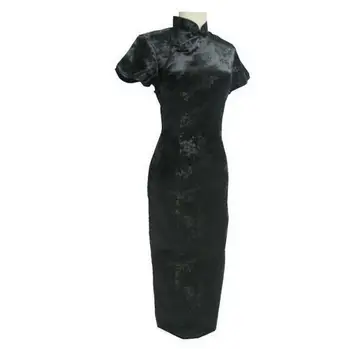 

Vintage Black Chinese Lady Silk Clothing Novelty Cheongsam Qipao Robe De Soiree Flower Size S M L XL XXL XXXL 4XL 5XL 6XL W001-C