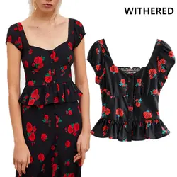 Увядшие летние blusas mujer de moda 2019 Роза Печать короткая рубашка сбора талии сексуальное кимоно без рукавов Блузка для женщин