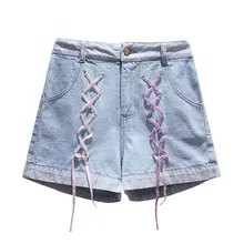 Summer Denim Shorts For Women Embroidery Lace Up Boyfriend Short Jeans High Waist Wide Leg Harem High Rise Femme Jeans Plus Size plus size zip up stretch high rise jeans