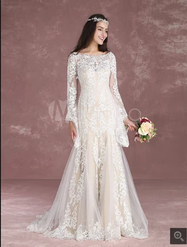 

Summer Wedding Dresses 2019 Boho Beach Mermaid Bridal Dress Lace Applique Keyhole Bateau fishtail Champagne Bridal Gown