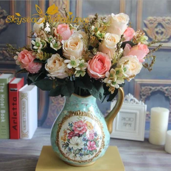 

High quality real touch flowers 12 branches 7 rose 5 mini flowers silk artificial flowers bouquet decoration for home/wedding