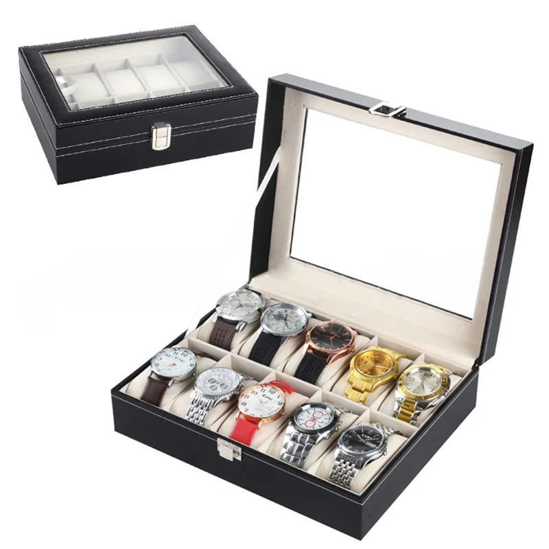 2017 10 Grid PU MDF Jewelry Watch Display Storage Box Watches Storage Box Black High Quality