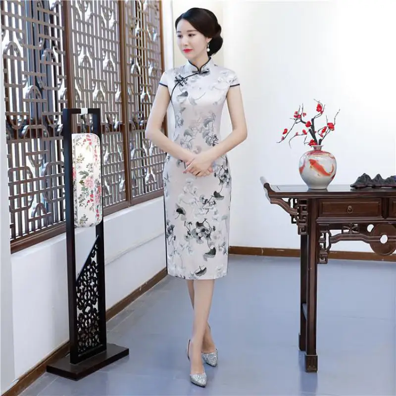2019 новое женское белое китайское классическое платье тонкое Чонсам с цветами негабаритное сексуальное с принтом воротник-стойка