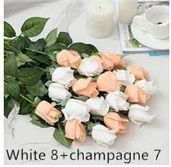 Floace 15 шт./лот, букет роз, Королевская роза, высококлассные искусственные цветы, шелковые розы, цветы для дома, свадебные украшения - Цвет: white8champagne7