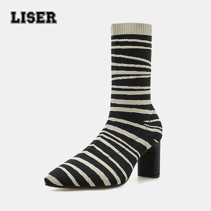 

women fashion ankle martin boots knitting slip on pointed toe round heels zebra stripe shoes stretch warm designer winter party