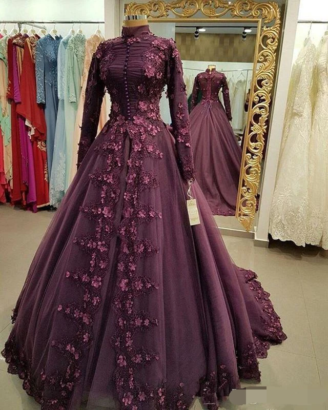 Роскошное платье для выпускного вечера с 3D розами, высоким воротником и длинным рукавом,, с аппликацией винограда, мусульманское, дубайское, арабское, Caftan, вечернее платье