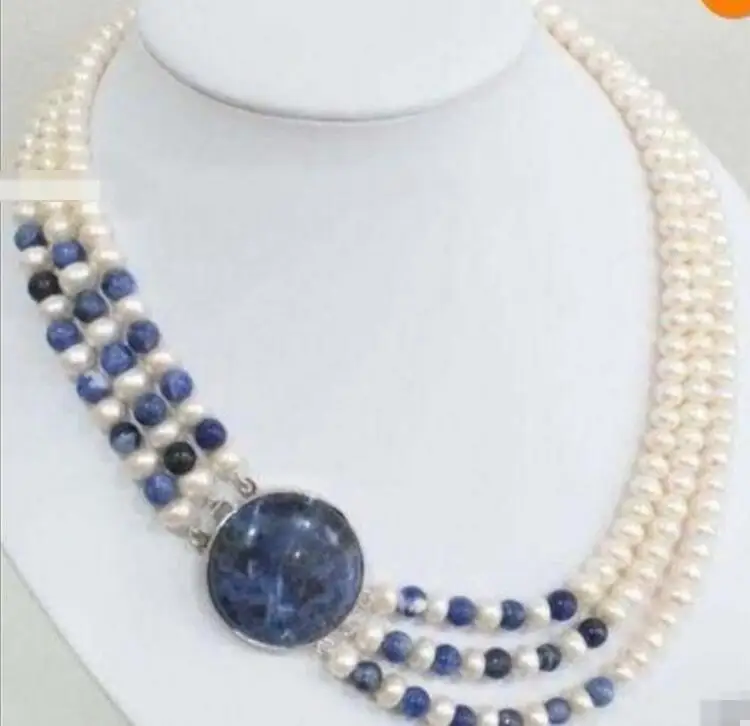 

song voge gem nanJ1196 3 Rows Natural White Cultivation Pearl & Lapis lazuli Round Beads Necklace