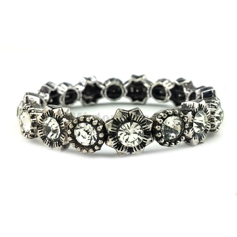 Antique Silver Color Flower Charm Crystal Tibetan Vintage Stretch