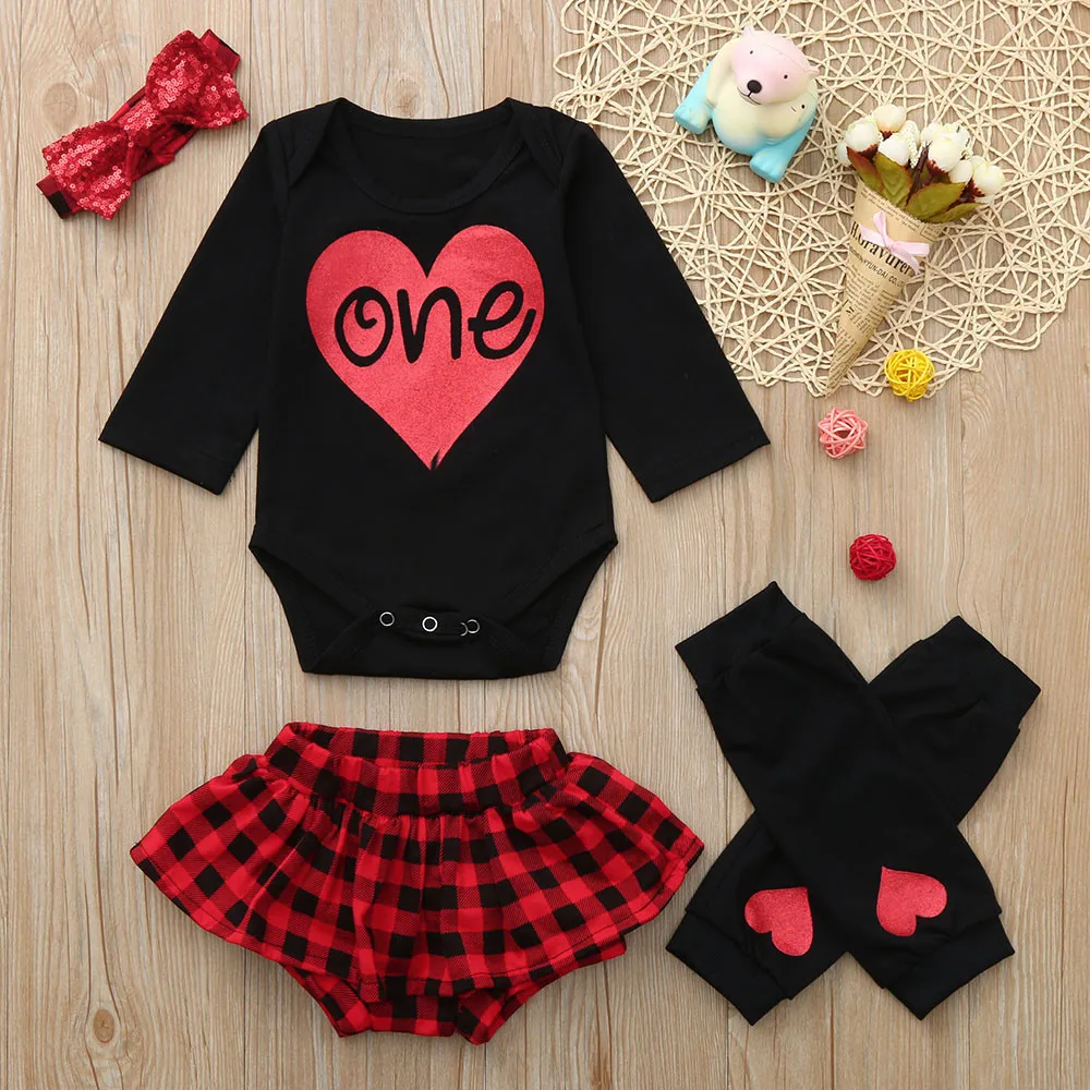 Infant Baby Letter Romper Jumpsuit +Leg Warmers+Headband+Plaid Shorts Outfit Set clothes | Детская одежда и обувь