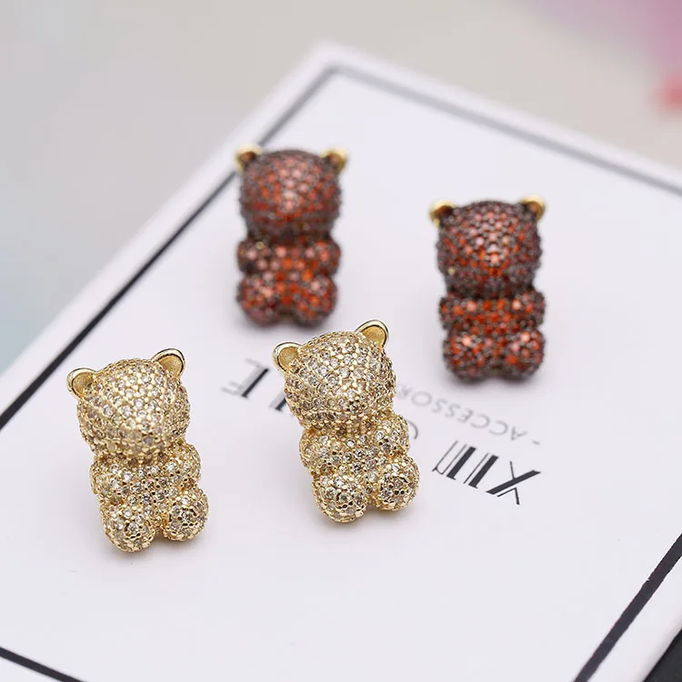 

High quality brand jewelry popular micro inlaid zircon bear fondant earrings 925 silver needle earrings for women