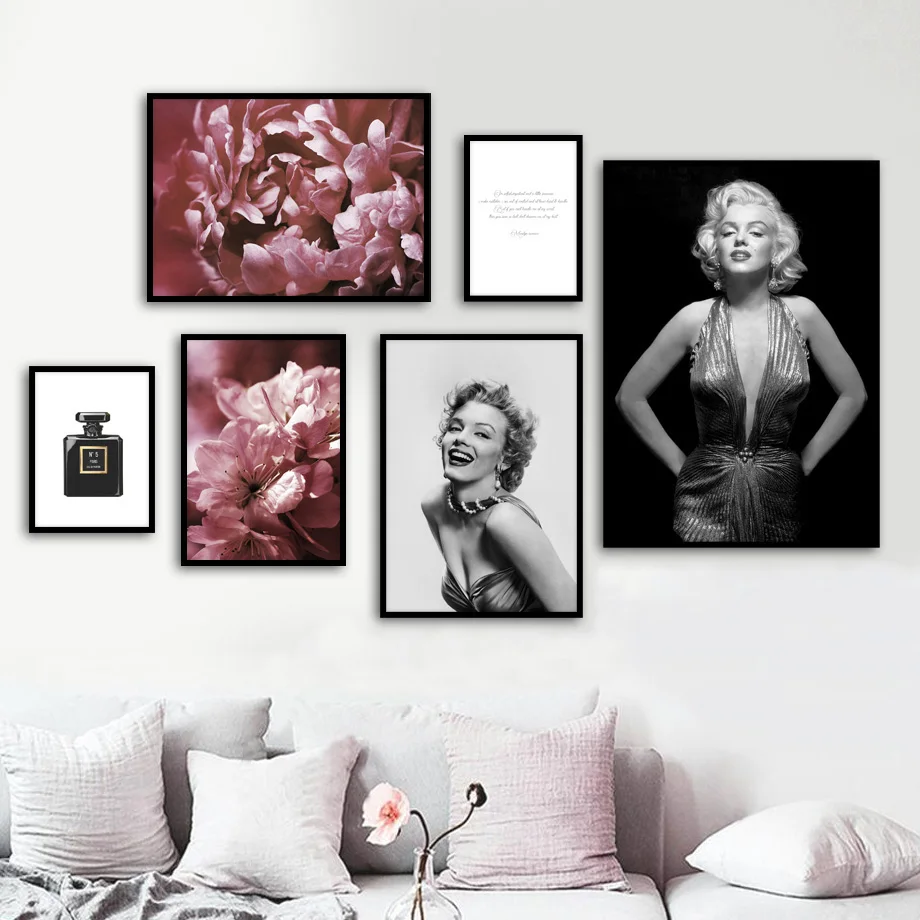 

Marilyn Monroe Paris Perfume Peony Peach Blossom Posters And Prints Wall Art Canvas Painting Wall Pictures For Living Room Salon