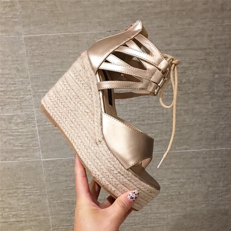 

2019 Summer Fashion Women Platform Rope Sandals Gold Black High Heels Zip Wedge Sandals Peep Toe Cork Sandals Party Rome Shoes
