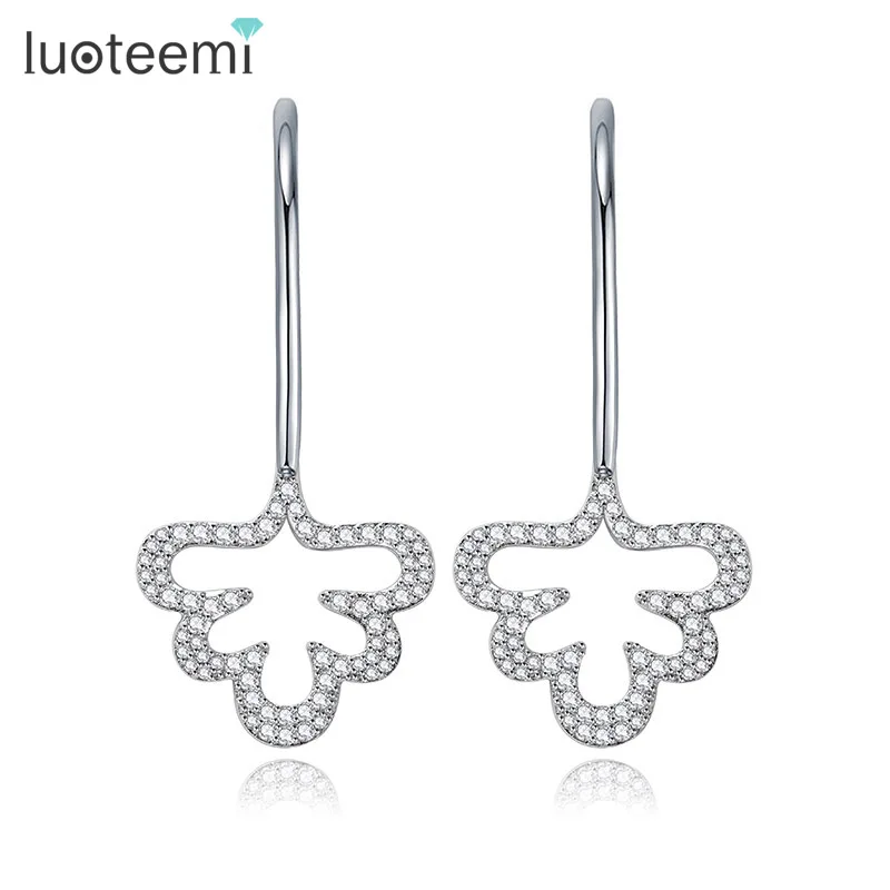 

LUOTEEMI New Arrival Wholesale Elegant White Gold-Color Flash CZ Flower Ear Hook Drop Earrings Girl Party Women Jewelry Gift