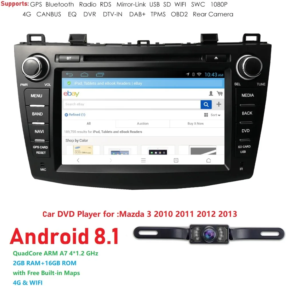 

Hizpo 8''Android 8.1 Car DVD radio stereo Player For Mazda 3 Mazda3 2010-2013 1024*600 IPS Screen 4GWIFI BT GPS Canbus FM DAB SD