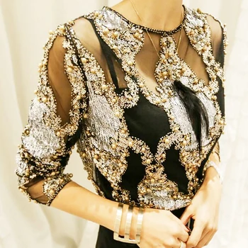 

Luxury Sparkle Beading Blouse Women Fashion New O Neck Full Sleeve Geometric Sequins Sexy Blouse Tops Ladies Party Clothes SL111
