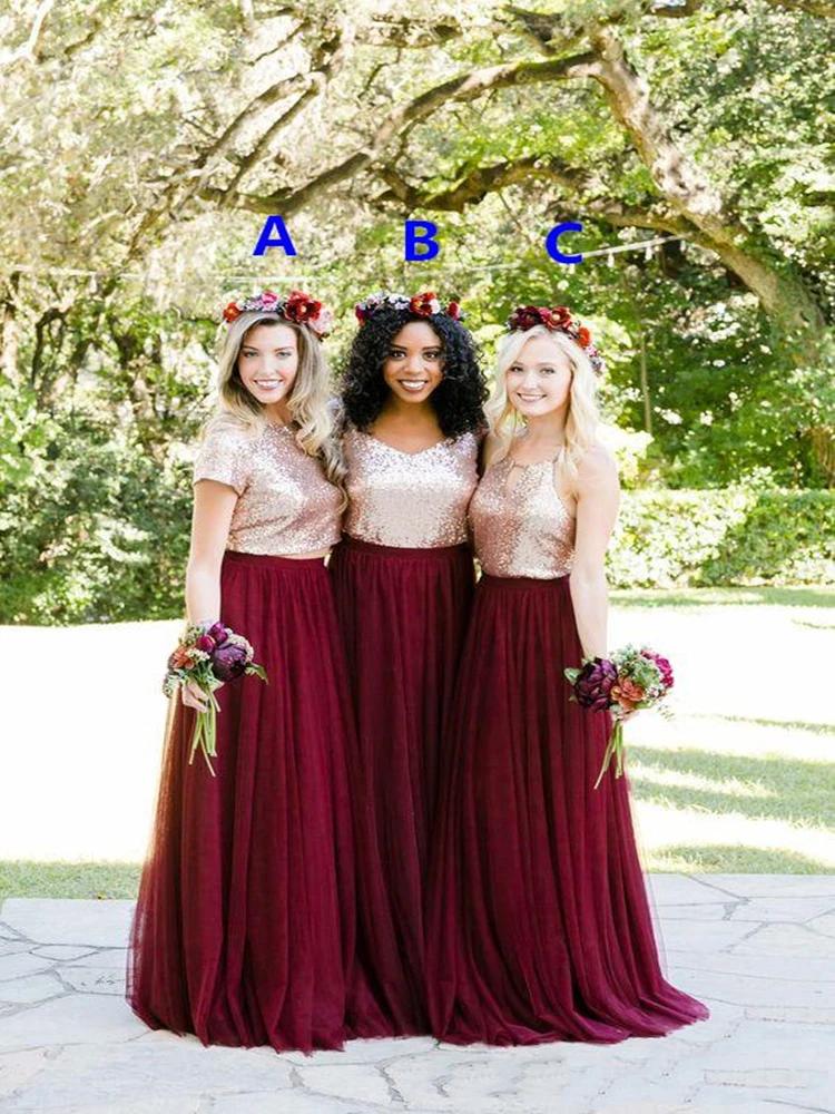 

Two Tone Rose Gold Burgundy Country Bridesmaid Dresses 2022 Custom Make Long Junior Maid of Honor Wedding Party Guest Dress